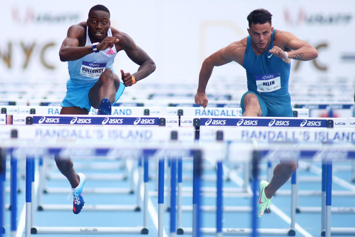 Devon Allen jätti Grant Hollowayn taakseen ja paransi omaa ennätystään 15 sadasosasekuntia. Lehtikuva/AFP