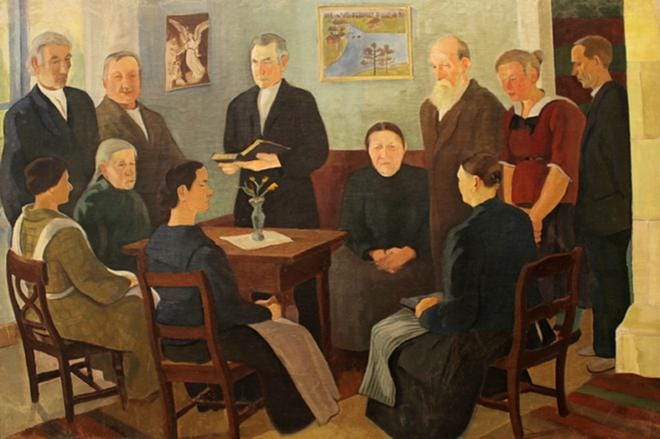 Nelimarkka-museon tapahtumassa, seuroissa Alaviitalan tapaan, ovat puhujina Aaro Panula ja Pentti Lemettinen. Kuvassa Eero Nelimarkan maalaus Hartaushetki Alaviitalassa vuodelta 1924.