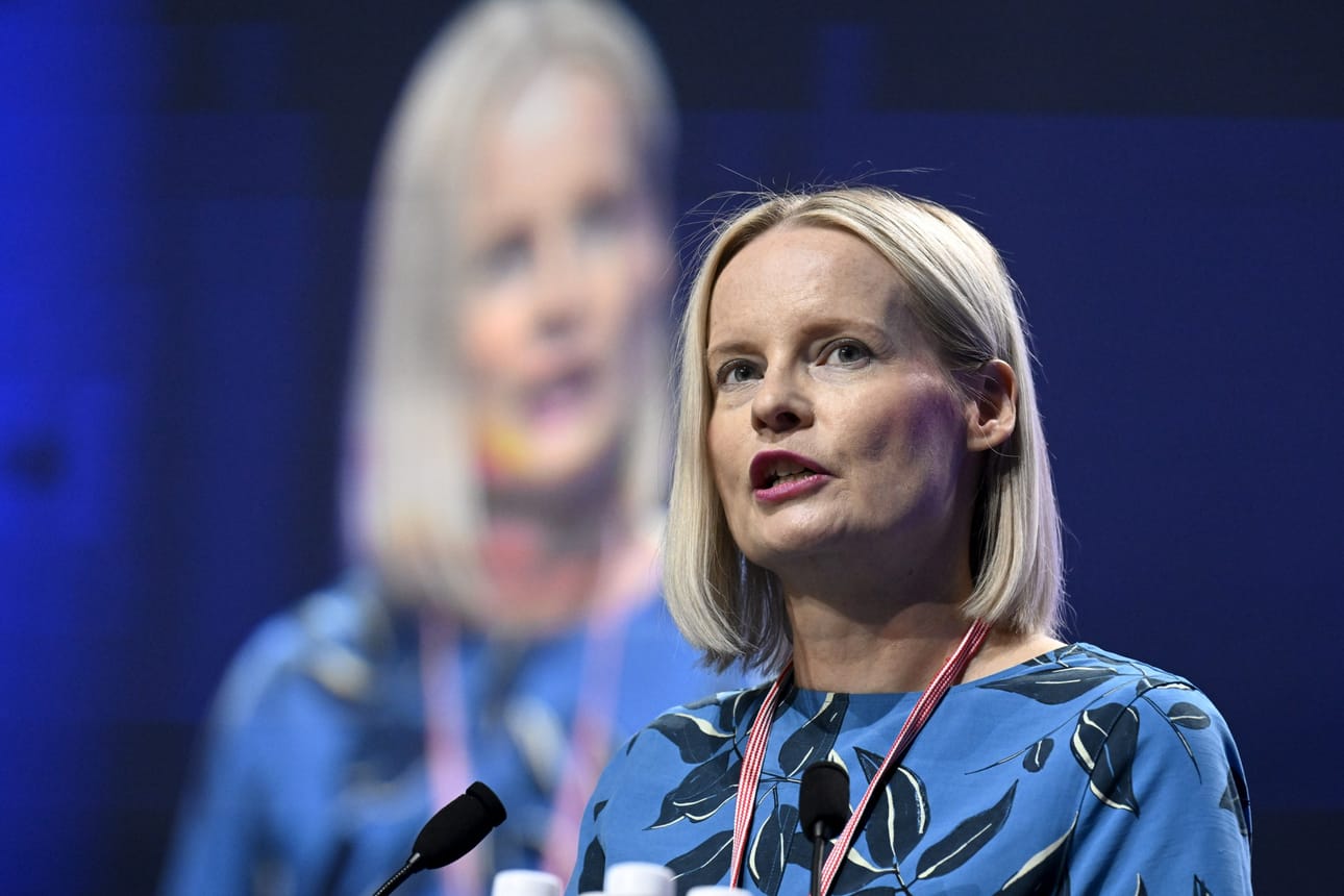 Puheenjohtaja Riikka Purra piti linjapuheensaperussuomalaisten puoluekokouksen päätteeksi Tampereella 13. elokuuta 2023. LEHTIKUVA / JUSSI NUKARI