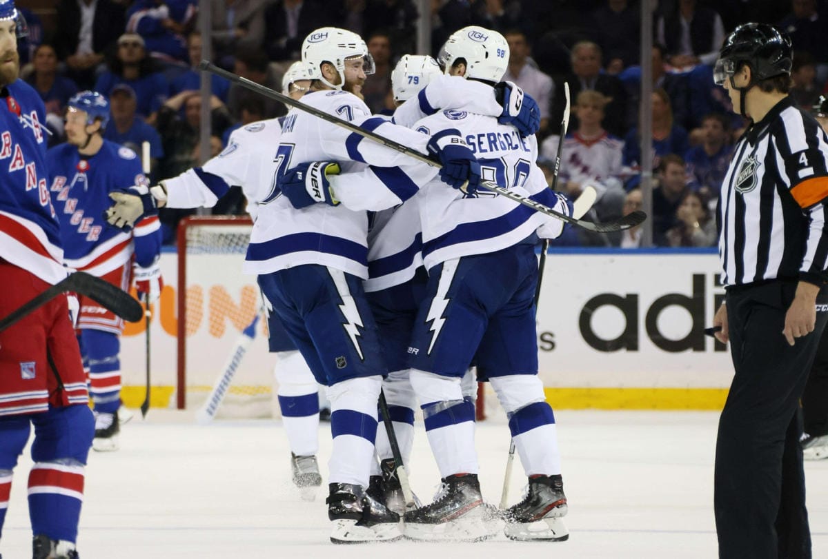 Tampa Bay oli tällä kertaa liian kova myös Rangersin kotikaukalossa. Lehtikuva/AFP