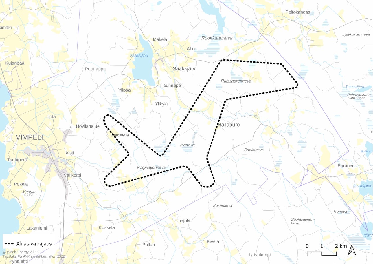 Tuulivoimalat sijoittuisivat Vimpelissä neljän eri nevan alueelle.