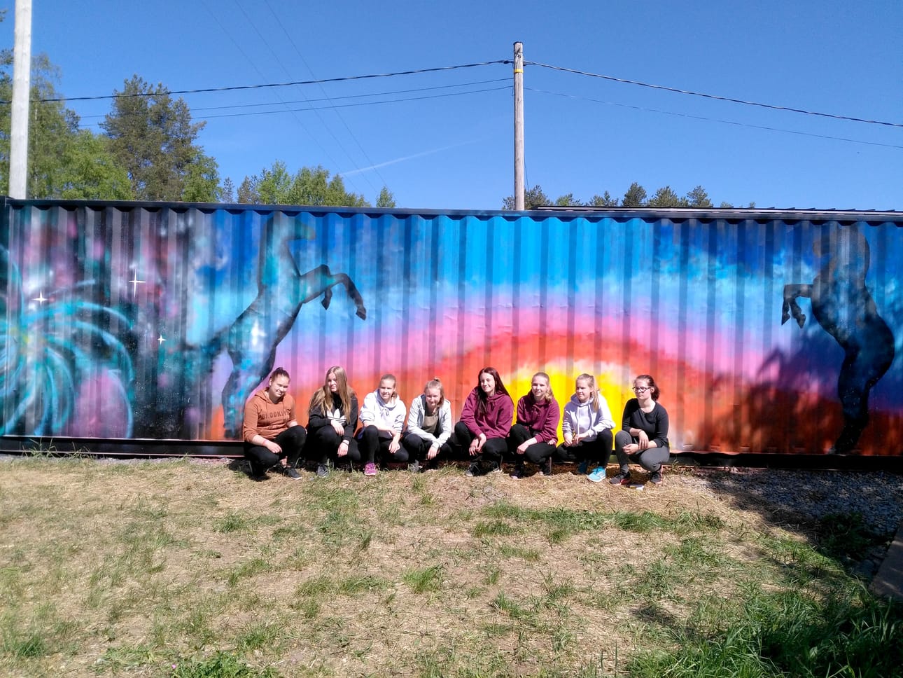 Vihannin yläkoulun ysiluokkalaiset Sini Varpenius, Karoliina Kallio, Jenny Taskila, Veera Törmikoski, Senni Rankinen, Laura Ollanketo, Julia Taskila ja graffitin suunnittelija Aino Sandvik maalasivat graffitin keväällä ennen koulun päättymistä.