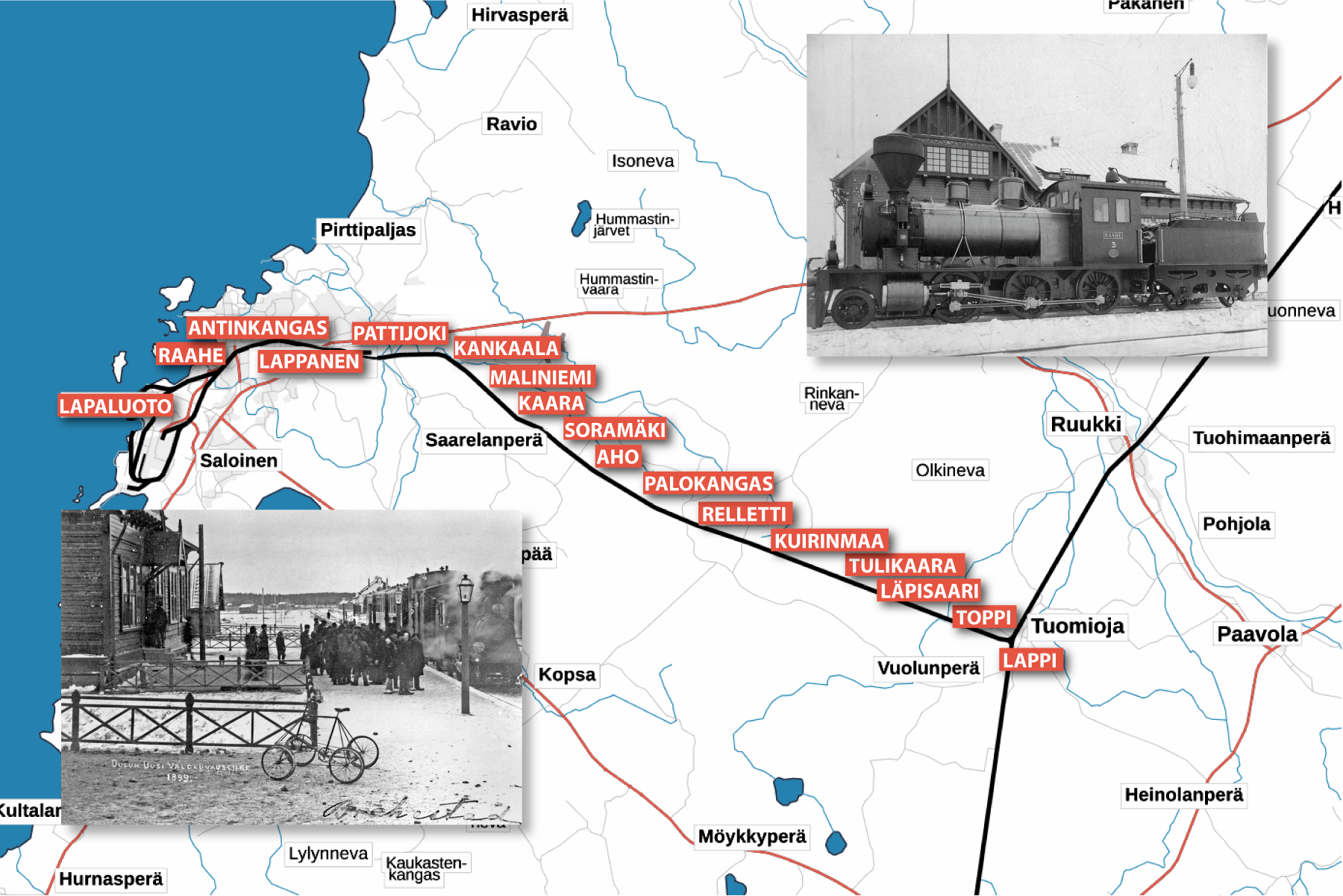 Rautatieliikennepaikat ja pienemmät seisakkeet Raahen radalla 1900-luvun alkukymmeninä. Vanhat kuvat Raahen museon kokoelmista.