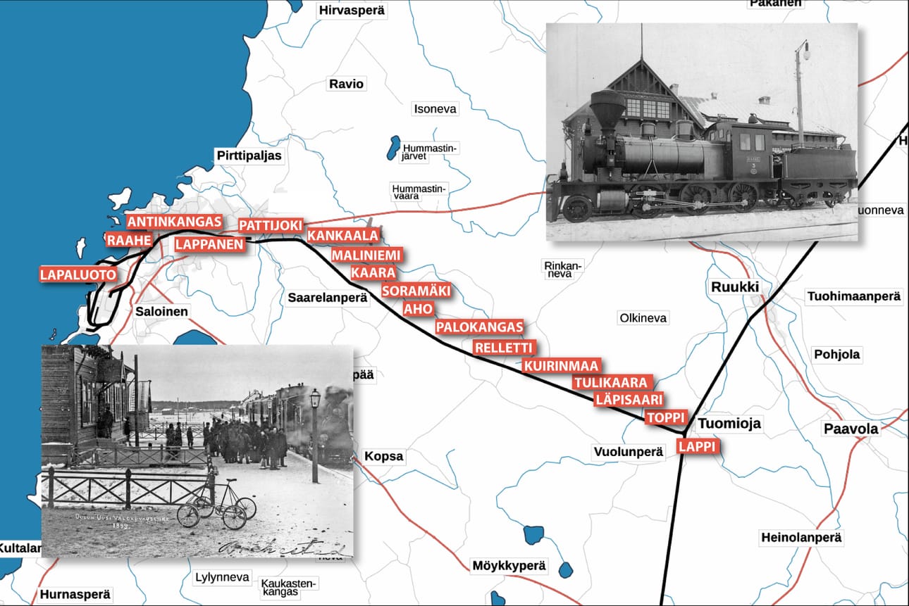 Rautatieliikennepaikat ja pienemmät seisakkeet Raahen radalla 1900-luvun alkukymmeninä. Vanhat kuvat Raahen museon kokoelmista.