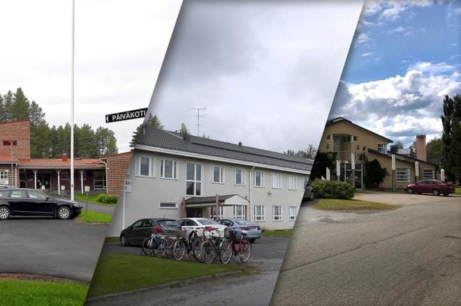 Metsälän päiväkodista (vas.) evakkoon yhtenäiskoululle ja sieltä lokakuussa Toimelan avopalvelukeskukseen. Vimpelin päiväkodin lapset ja henkilökunta saavat odottaa vielä hetken tietoa siitä, minne päiväkoti lopulta sijoitetaan. Metsälä ja Toimela ovat valmistuneet 1990-luvun alussa. Kuvat: Arkisto.