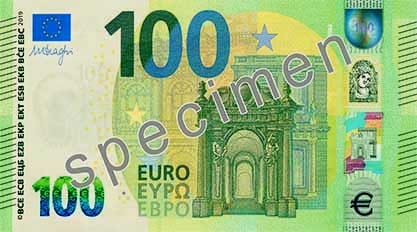 Uusi sadan euron seteli. Erilaisia hologrammeja on pystyrivissä oikeassa reunassa. Vesileima sijaitsee vasemmalla keskikorkeudella ja näkyy valoa vasten. Vasemman alareunan numeron heijastus muuttuu kääntäessä.