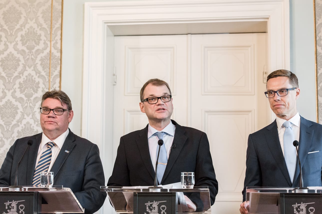 Timo Soini (ps.), Juha Sipilä (kesk.) ja Alexander Stubb (kok.) kertoivat keskiviikkona tuoreesta hallitusohjelmasta.