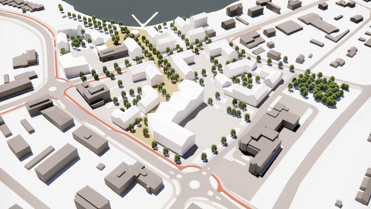 Tältä näyttää visiosuunnitelma Alavuden kaupunkikeskustasta. Suunnitelmaluonnoksissa kiitosta saivat palvelukortteli ja sotekeskuksen sijainti, rannan kehittäminen, puistoalueet ja tiivis kaupunkirakenne.