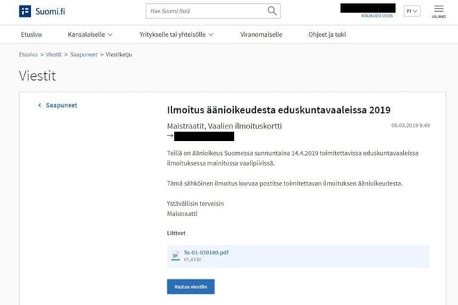 Tällä viikolla moni suomalainen saa äänestysilmoituksen sähköisesti Suomi.fi-palvelussa. Kortti on viestin liitteenä ja siitä ilmenee muun muassa äänestyspaikka.