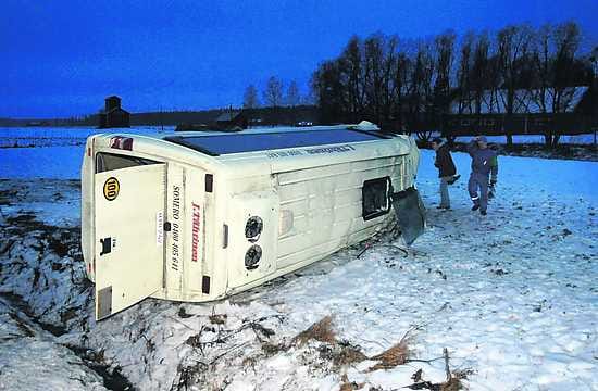 Pikkubussi kaatui kolarisa kyljelleen.