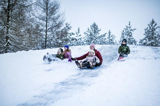 Daniel, Ester, Rebekka ja Raakel Pöyry ja sekä Koji riemuitsivat pulkkamäen vauhdeista Tanelinrannassa tapaninpäivänä. KUVAT: KRISTA LUOMA