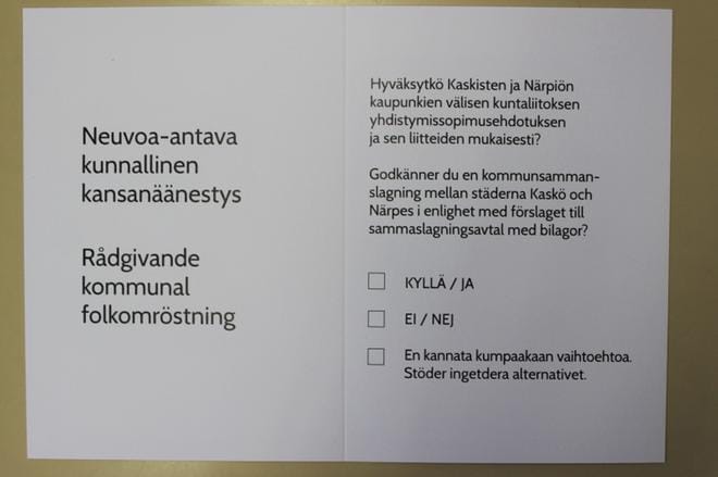 Kaskisten kansanäänestyksessä sai valita kolmesta vaihtoehdosta.