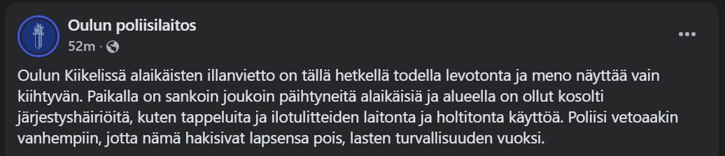Poliisi kehotti Facebook-julkaisussaan vanhempiaan hakemaan nuoret kotiin. Kuvakaappaus Oulun poliisilaitoksen Facebook-sivulta.