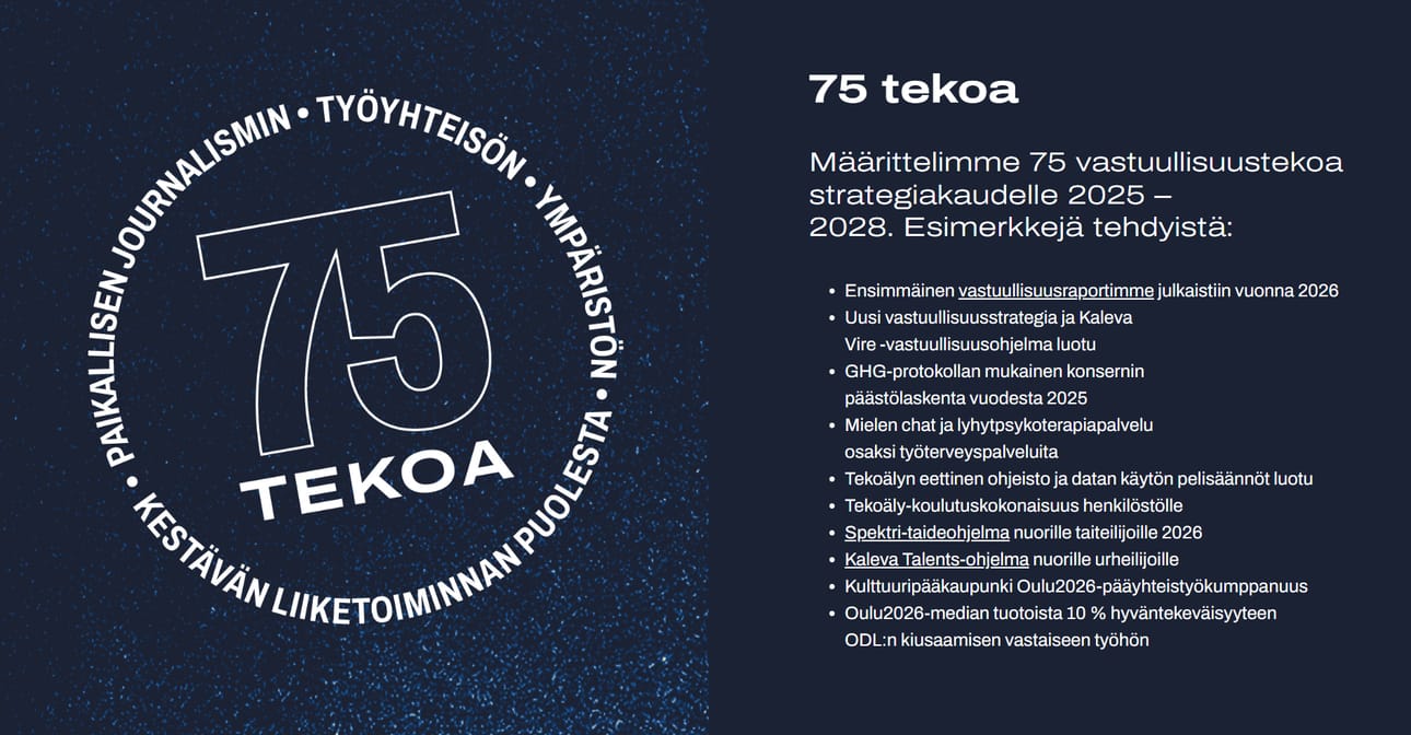 Kuluvalle strategiakaudelle 2025-2028 valitsimme yhteensä 75 konkreettista tekoa, jotka ohjaavat työtämme päivittäin.