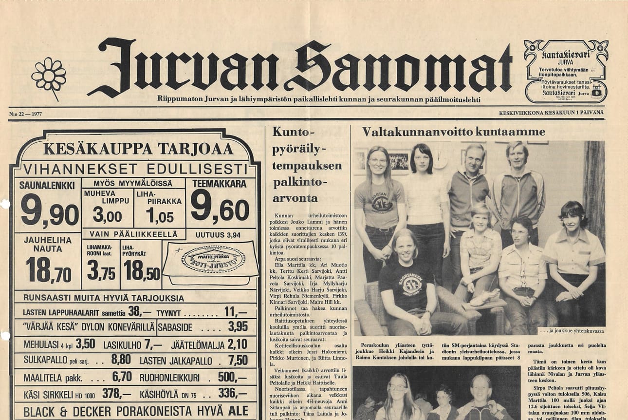 Vajaan vuoden vanha kesäkuinen Jurvan Sanomat näytti tältä. Tunnistatko kannen kuvassa olevia henkilöitä?
