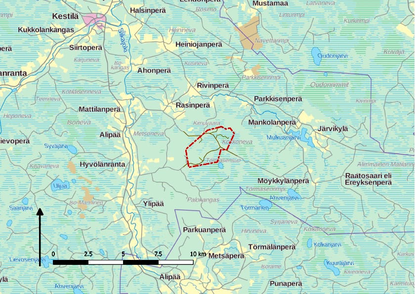 Kestilän Hyvölänrannan ja Pyhännän Tavastkengän rajalle suunnitteilla olevan Kokkonevan tuulivoimapuiston läheisyydessä asuville on postitettu asukaskysely.Kartalla suunnitellun puiston alue rajattuna.