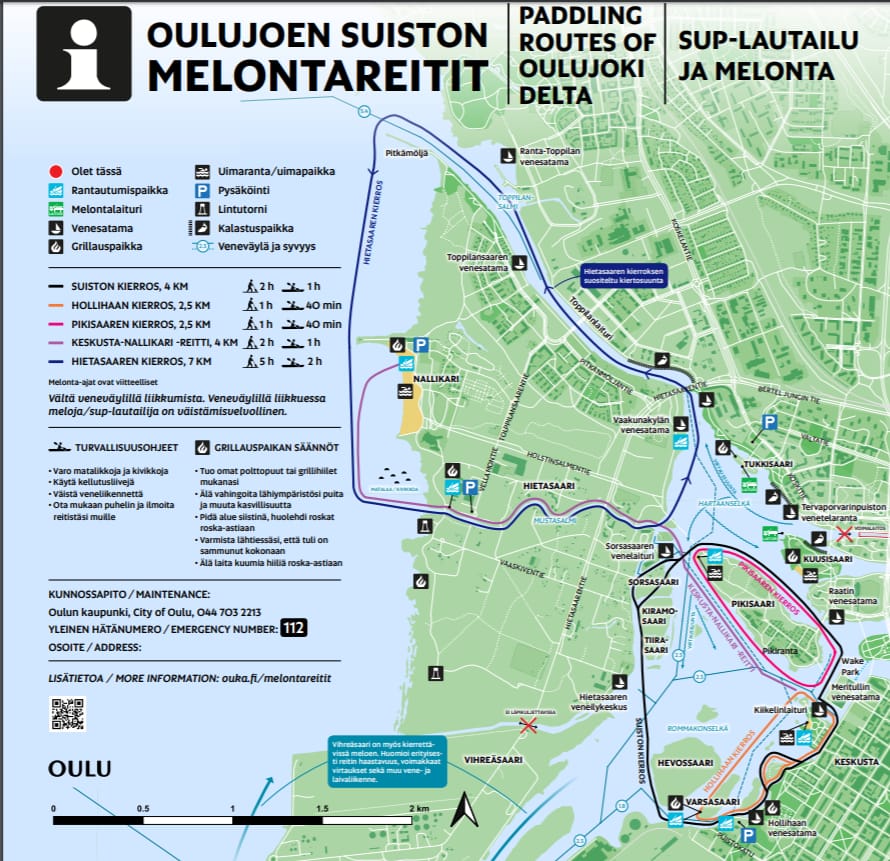 Oulun kaupungin melonta- ja SUP-reitit.