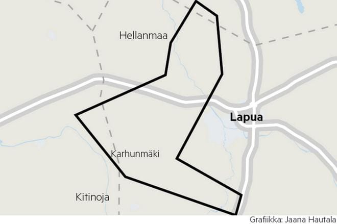 Brittiläisen kaivosyhtiön tytäryhtiö on tehnyt varausilmoituksen 99,5 neliökilometrin alueelle. Jos yhtiö kiinnostuu tutkimustensa jälkeen alueesta lisää, se hakee malminetsintälupaa pienemmälle alueelle. Grafiikka: Jani Kaunisto.