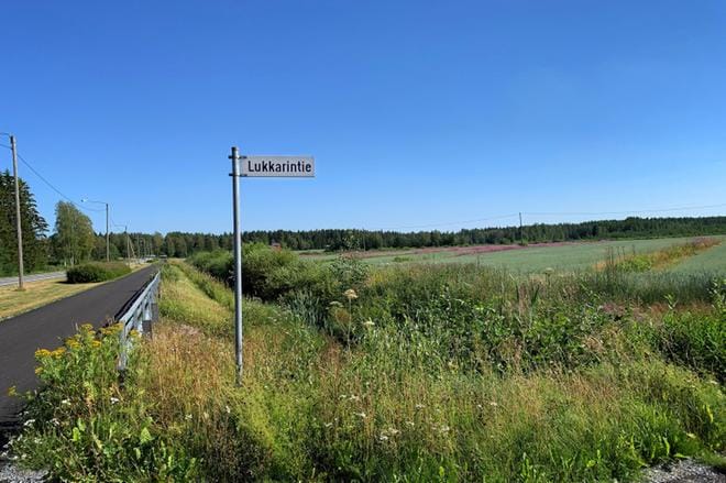 Lukkareina työskennelleet isä ja poika Söyring asuivat molemmat perheineen nykyisellä Lukkarintiellä, jonka alkupäässä on Lukkarinpuro ja sen ylittävä silta. Kuvassa yläoikealla avautuu Lukkarinaukea ja vasemmalla Lukkarinsuoraksi kutsuttu tieosuus. Kuva: Vilja Vainio