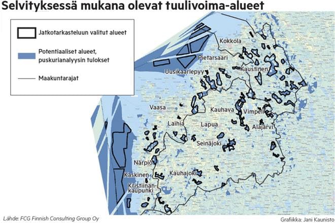 Kolmen maakuntaliittoa selvittää parhaillaan, minne mahdollisesti voitaisiin vielä perustaa uusia tuulivoima-alueita. Arvioitavat alueet on nyt valittu ja niistä on olemassa tämä kartta, joka tarkentuu syksyyn mennessä.