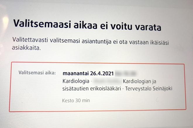Seinäjokelaisnainen yllättyi saadessaan tämän vastauksen, kun hän yritti varata aikaa 85-vuotiaalle anopilleen.