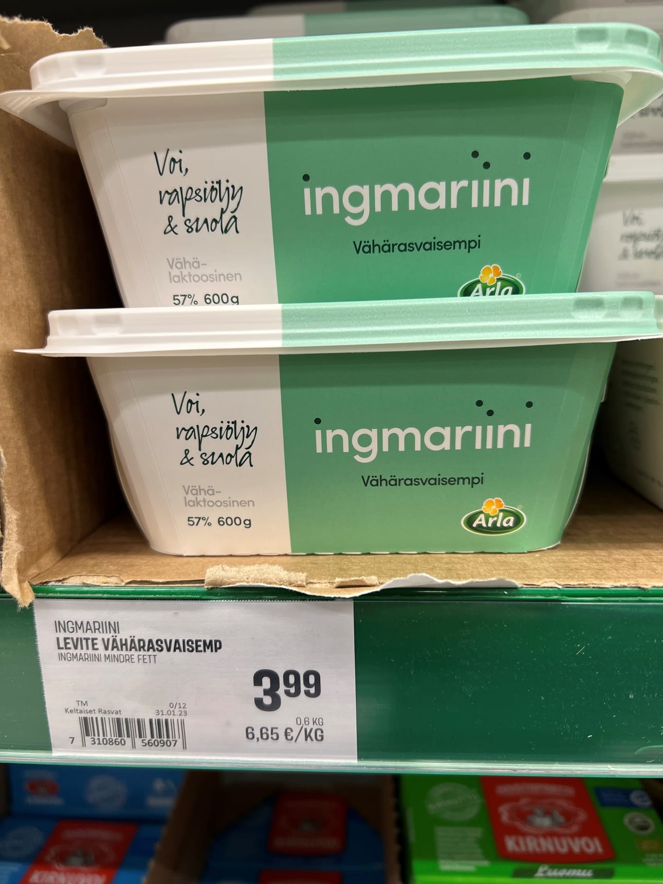 Kuva on helmikuulta, kun eri Ingmariini-pakkaukset olivat 600 grammaa.