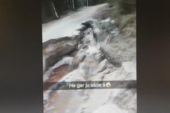 Puhelimella kuvatusta videosta näkyy, että tie on kokonaan rikki.