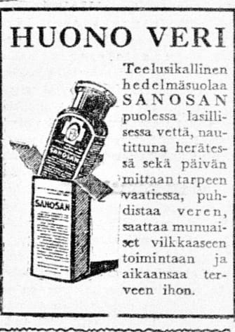 Sanosan hedelmäsuolan mainostettiin puhdistavan verta ja saavan munuaiset vilkkaaseen toimintaan.