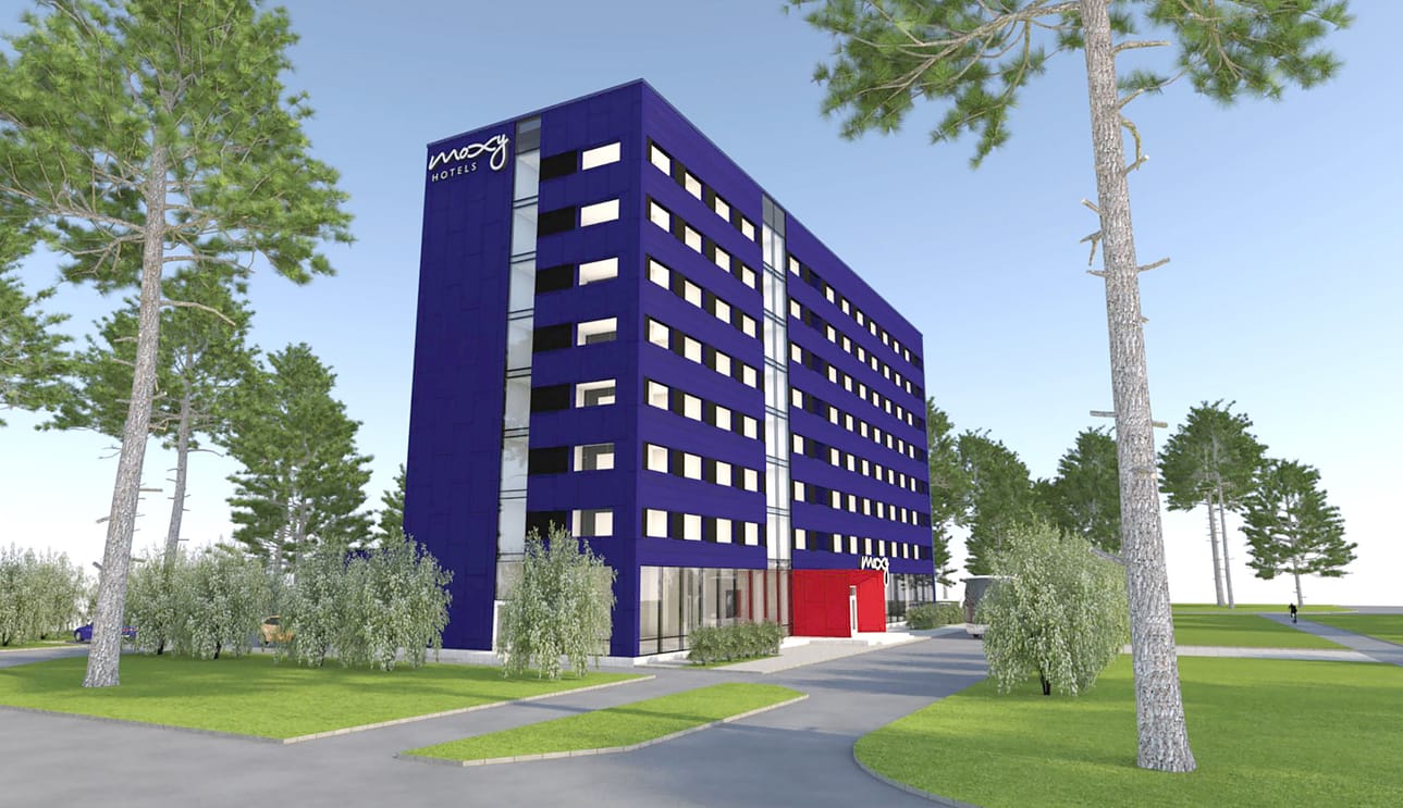 Havainnekuva Oulun lentokenttähotellista, joka kuuluu Marriott-yhtön Moxy-ketjuun.