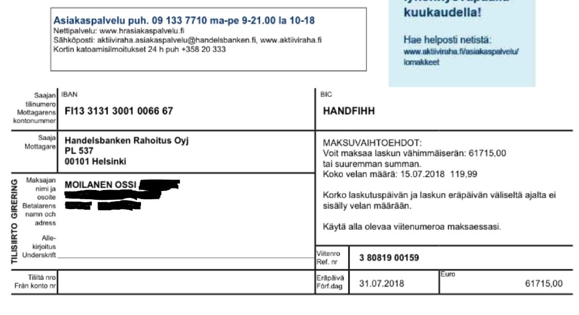 Ossi Moilasen saama aiheeton lasku Handelsbankenilta. Laskun vähimmäiseräksi oli kirjattu 61 715 euroa.