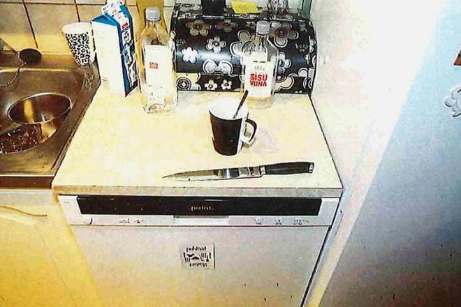 Keittiöveitsen terässä oli veritahroja. Veitsi löytyi terassilta monta päivää tapahtuman jälkeen. KUVAT: POLIISI