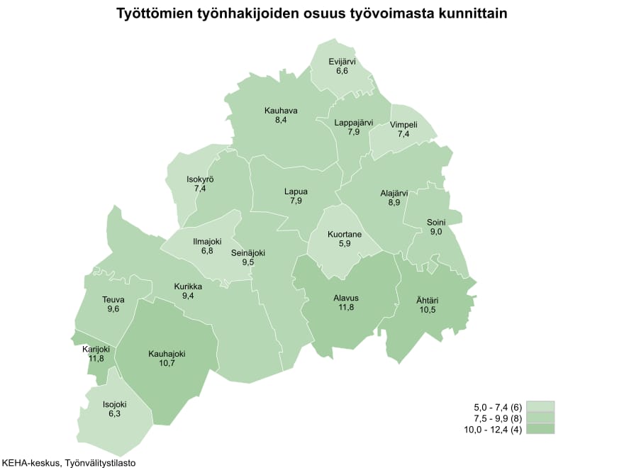 Työllisyyskatsauksen tekee KEHA-keskus. Ohessa tuoreet luvut, joista ilmenee, mikä on työttömien prosenttiosuus työvoimasta kunnittain Etelä-Pohjanmaalla.