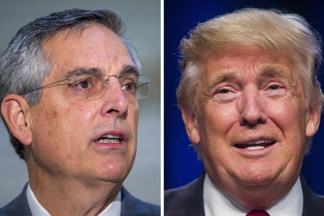 Vasemmassa kuvassa Georgian ylin vaaliviranomainen Brad Raffensperger, oikealla Yhdysvaltain presidentti Donald Trump. KUVA: Erik S. Lesser/Jim Lo Scalzo/EPA