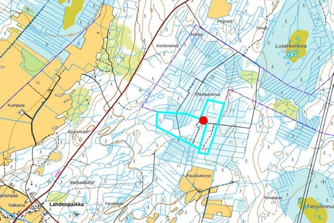Jurvan puolelle sijoittuva voimala on merkitty pallolla kartalle. Kartalla pystysuunnassa kulkee Närvijoen ja Horonkylän välinen tie. KARTTA: ÄIJÄNTUULI OY