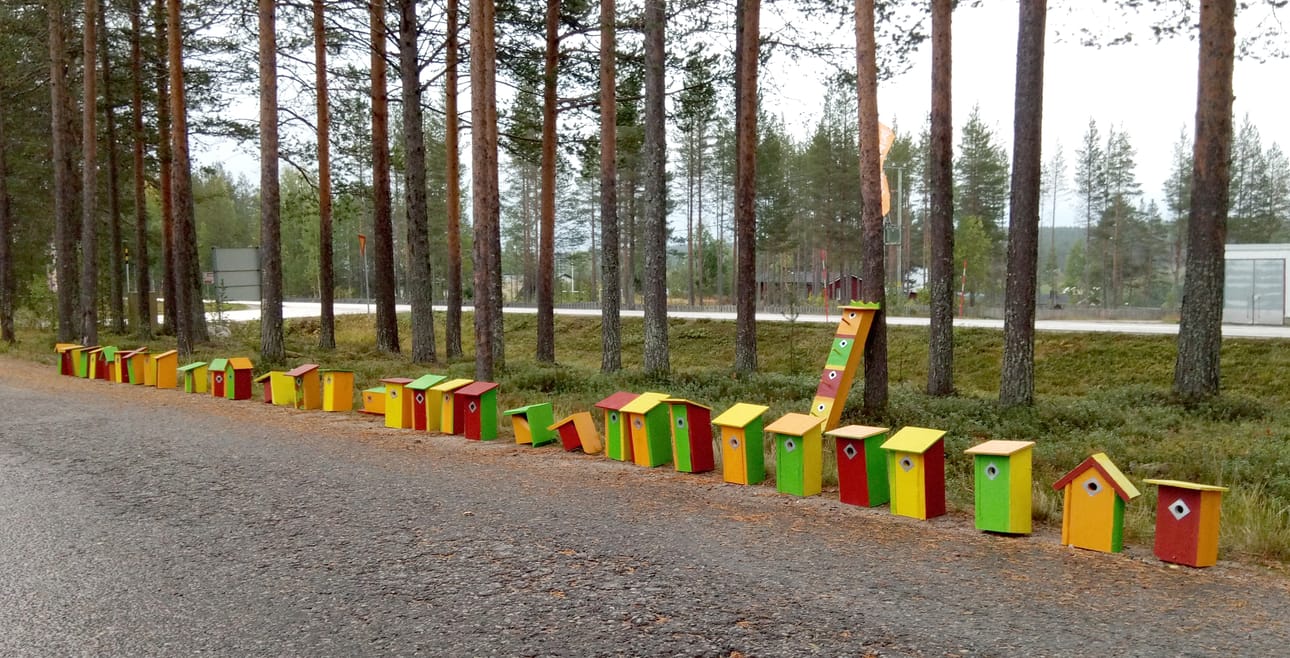 Kyläläisten talkoilemat pöntöt odottavat ripustamistaan puihin.