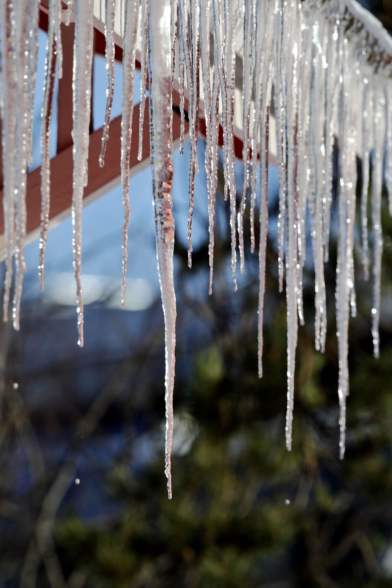 Jääpuikkoja roikkuu räystäältä, jääpuikko, jääpuikot, kevät